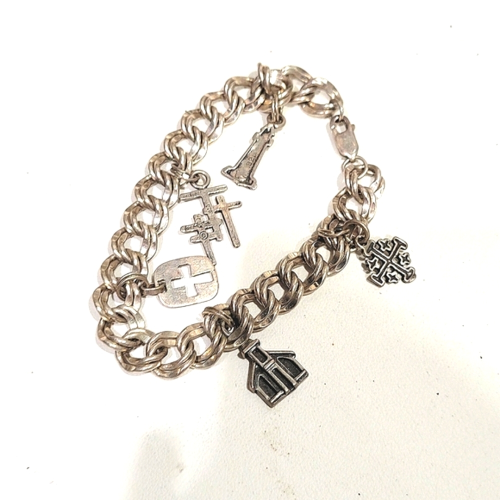 925 VINTAGE 5 CHARM BRACELET W 5 CHRISTIAN CHARMS 23.4g sterling silver